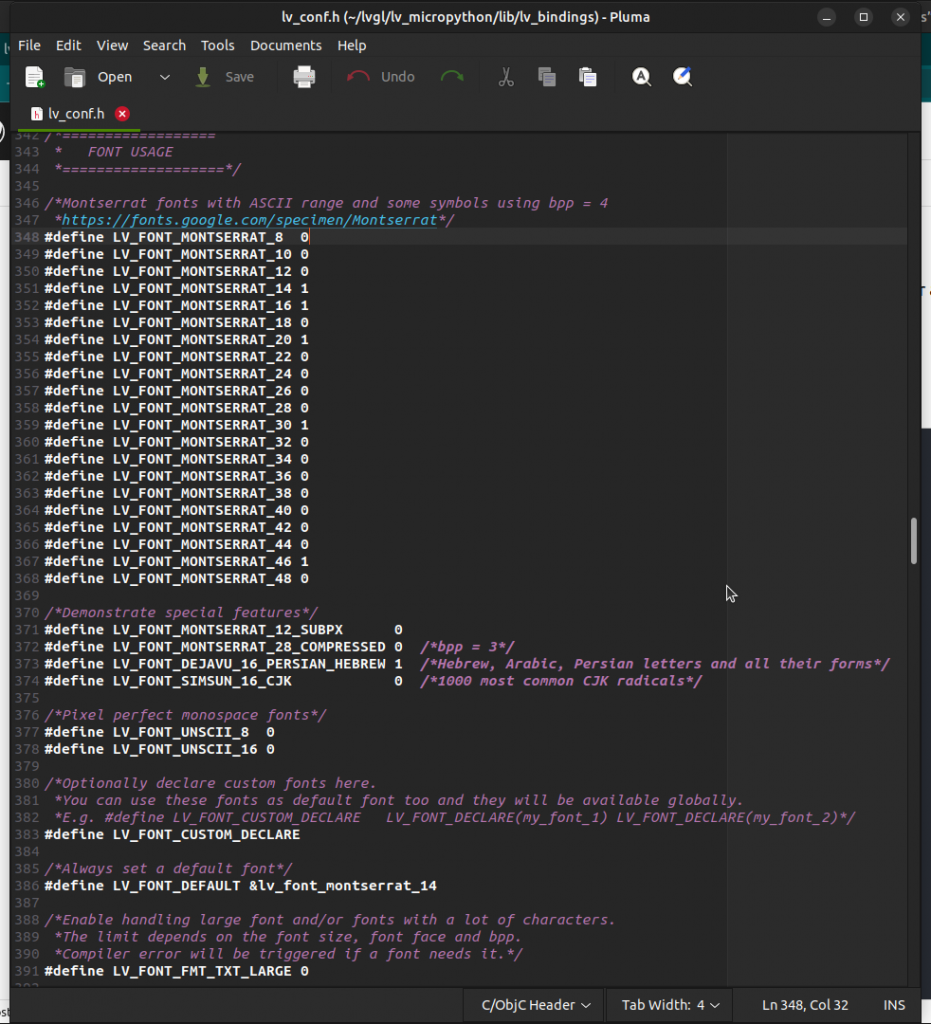 screenshot of lv_conf.h file