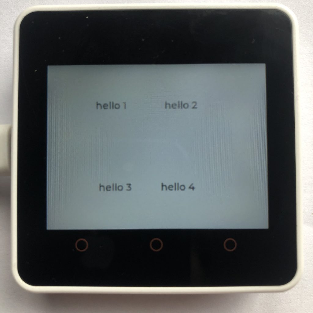 Four micropython lvgl labels that say hello 1, hello 2, hello 3,hello 4