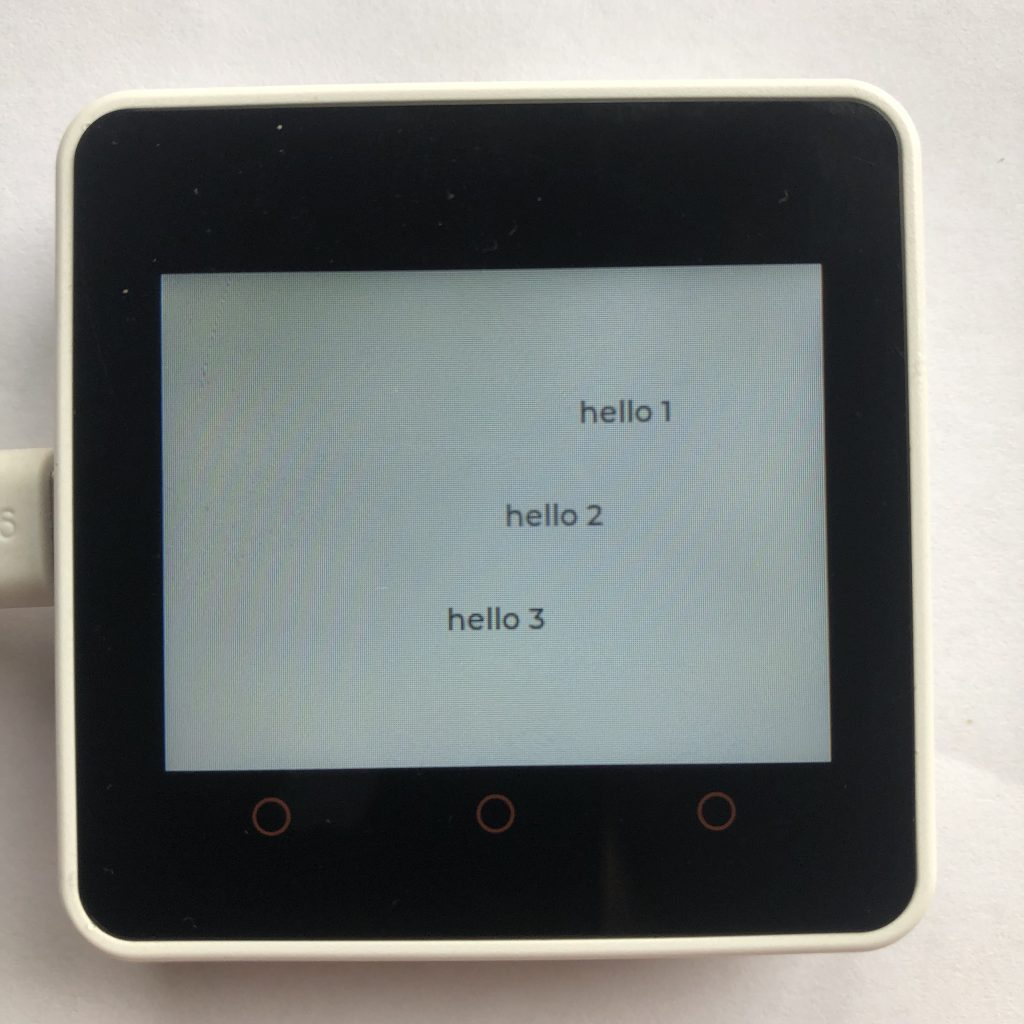 three micropython lvgl labels that say hello 1,hello 2,helllo 3