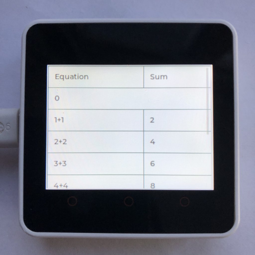 lvgl table with equations like 1+1, 2+2, etc. and sums like 2, 4 , etc.