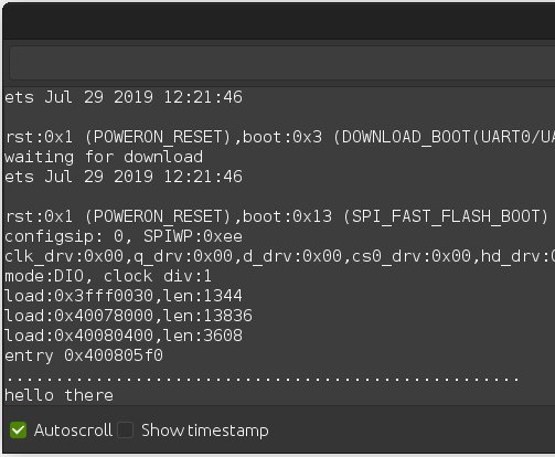 Serial Monitor with lots of text that ends with "hello there" the message set from the client